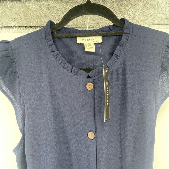 Monteau Navy Flutter Cap Sleeve Belted Cropped Wide Leg Jumpsuit XS Button Front - Picture 13 of 16